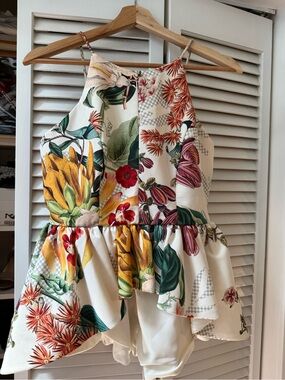Anthropologie Cameo Dahlia Floral Botanical Halter Peplum Top in Cream